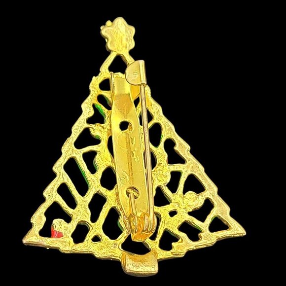 Vintage Gold-Tone Enamel Open-work Christmas Tree Brooch Red & Green Accents - Picture 2 of 5